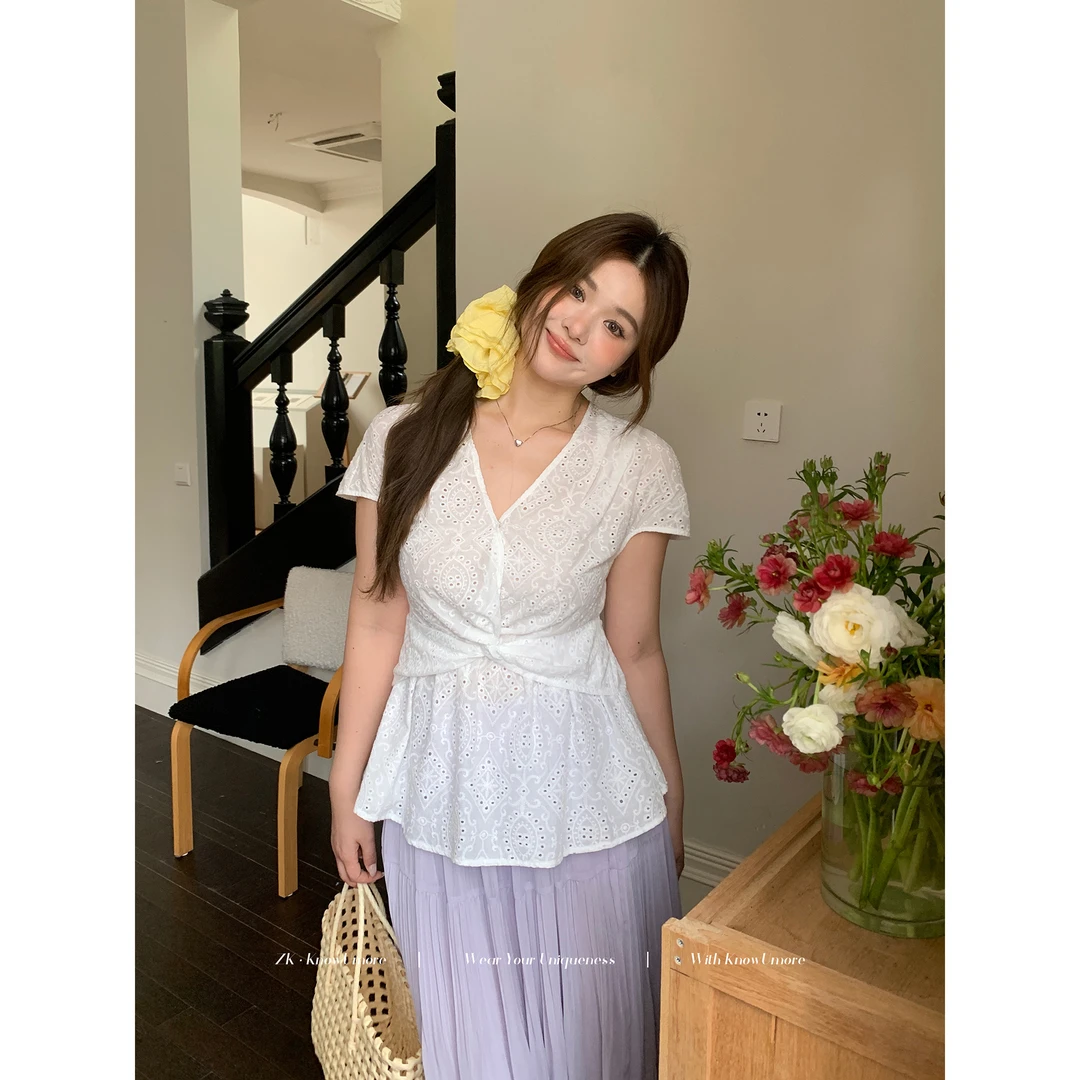 知葵微胖定制【白色相簿】初夏韩系小众绑带收腰上衣12251LX3234