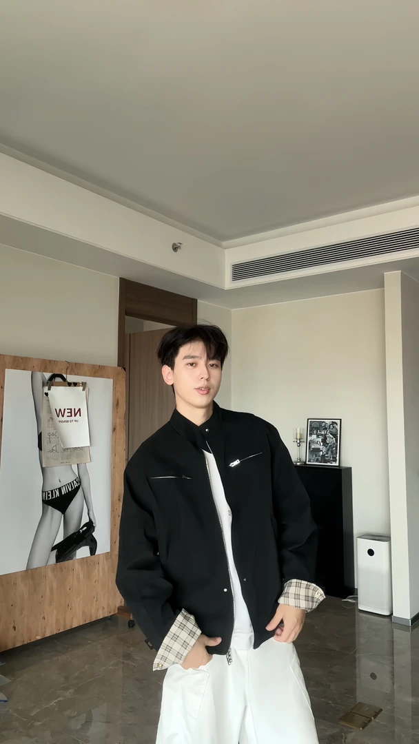 WIND BLOWS美式立领拼色皮夹克百搭显瘦设计感千鸟格外套