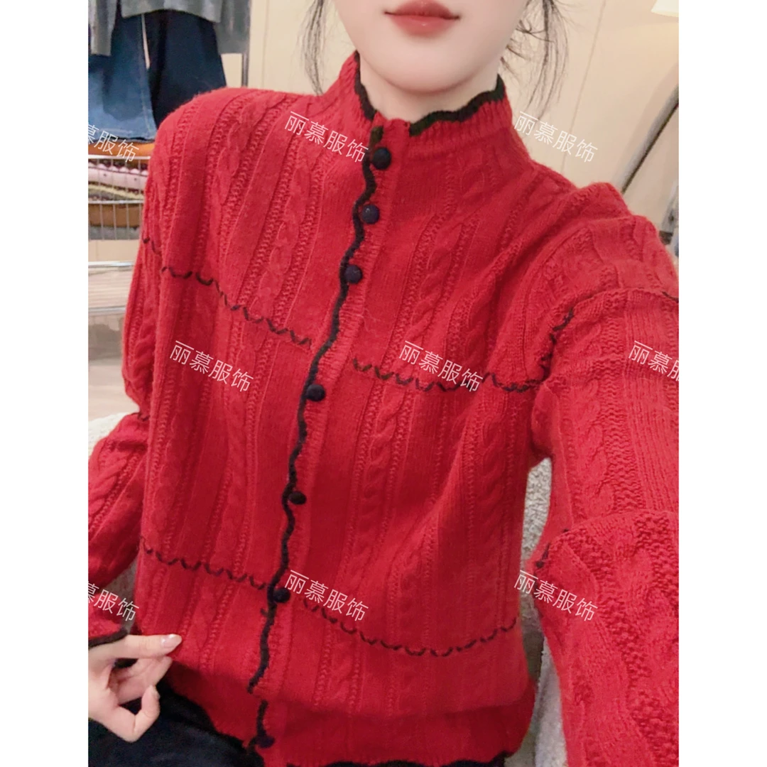 【梵高的泼墨画】欧货半高领花边麻花波浪纹气质单排扣针织开衫2506