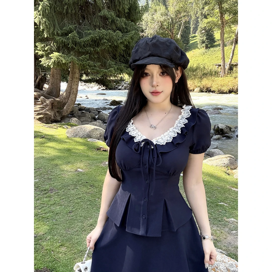 黑泽玄七“Lina莉娜小姐”领口花边拼接套装