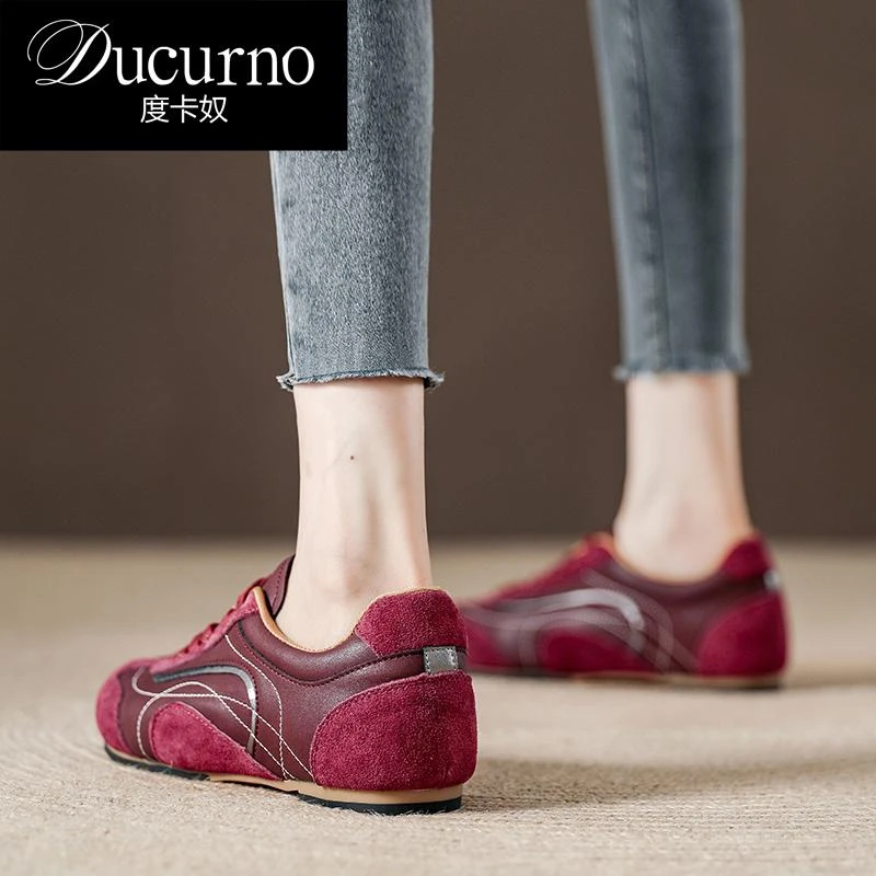 DUCURNO 红色复古德训鞋女真皮软底阿甘鞋2025春夏款平底运动女鞋