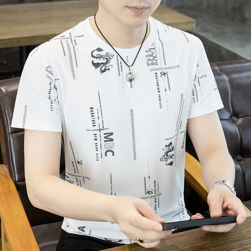 轻奢凉感冰丝短袖T恤男士2025新款夏季印花上衣速干男装半袖体恤