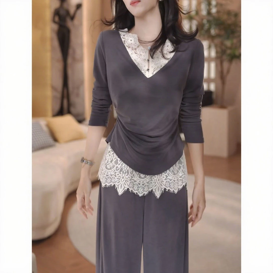 时尚气质阔腿裤两件套潮2025早秋新款时尚慵懒风蕾丝拼接长袖上衣
