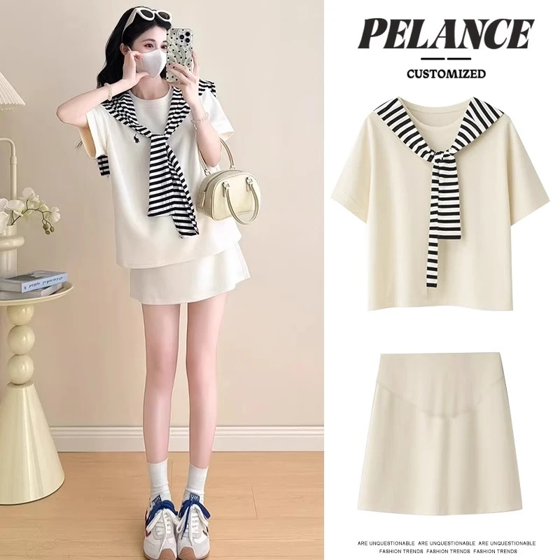 孕妇套装夏季2025新款气质减龄T恤披肩短袖短裙穿搭两件套小个子