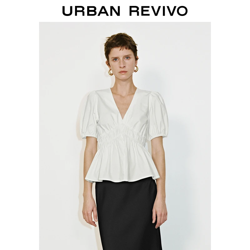 UR2025春季新款女装欧若风法式气质褶皱V领短袖罩衫衬衫UWM250034