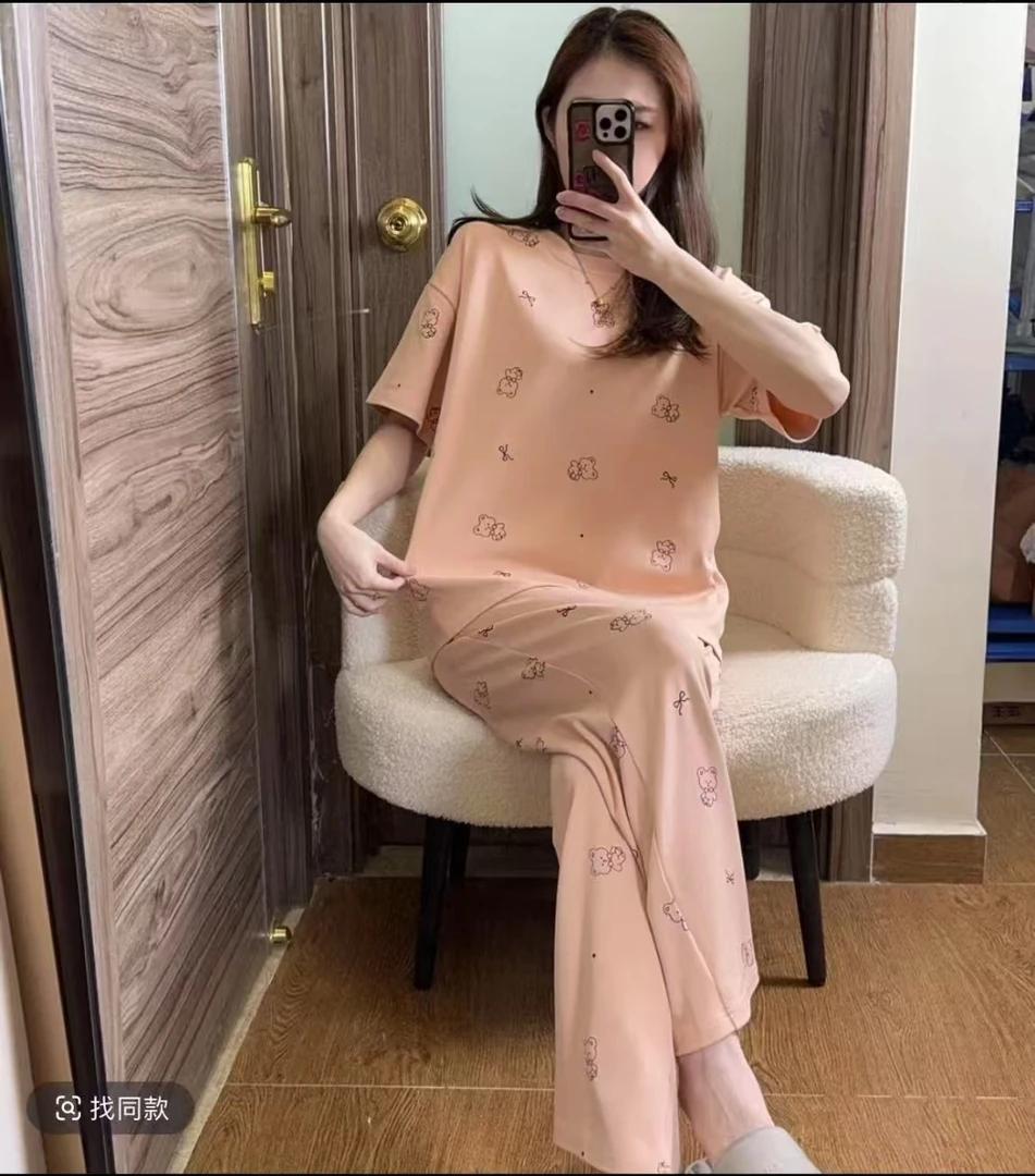 【拍一发三】纯棉睡衣带胸垫短袖短裤长裤夏季女士休闲卡通大码宽松