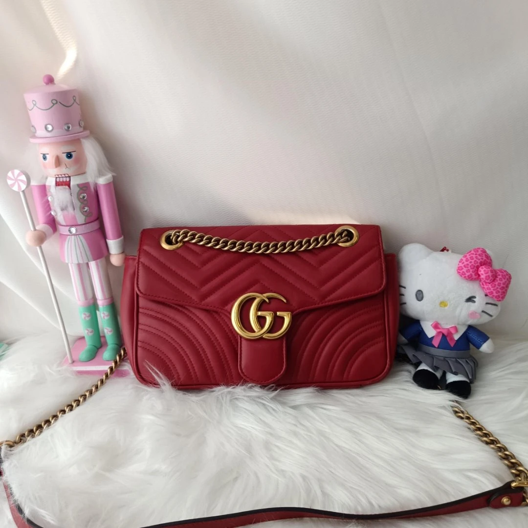 95新 GUCCI/古驰 红色马蒙单肩链条包 1417 3453