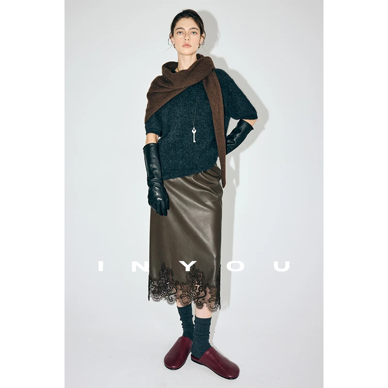 时髦雾面蕾丝设计感蛋白环保皮半身裙