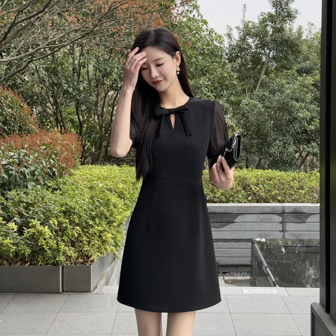 慧慧【浅墨时光】黑色高贵连衣裙女千金清冷感贵系衣服外出洋气裙子