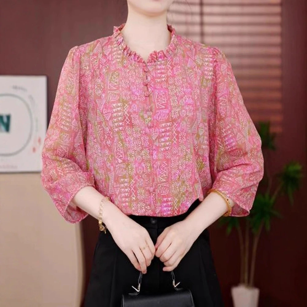 夏季七分袖气质百搭衬衣冰丝衬衫宽松大码胖mm遮肚显瘦防晒小衫