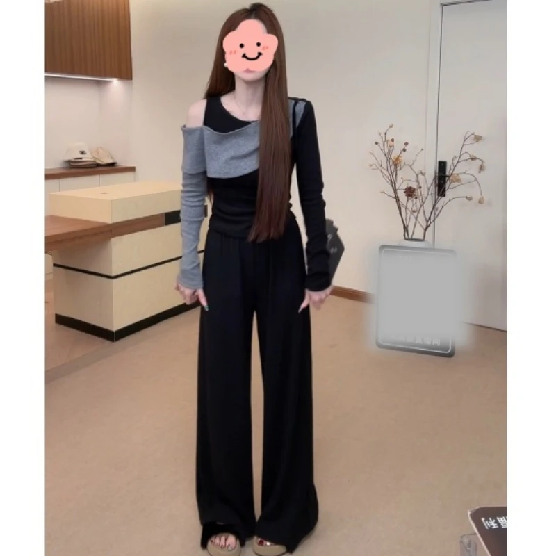 满分比例撞色拼接露肩上衣+松紧高腰直筒长裤套装LK2507085