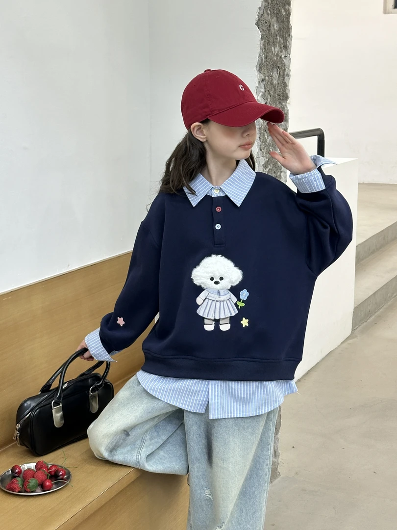 女童秋冬季洋气假两件卫衣套装新款中大童卡通刺绣韩版拼接两件套