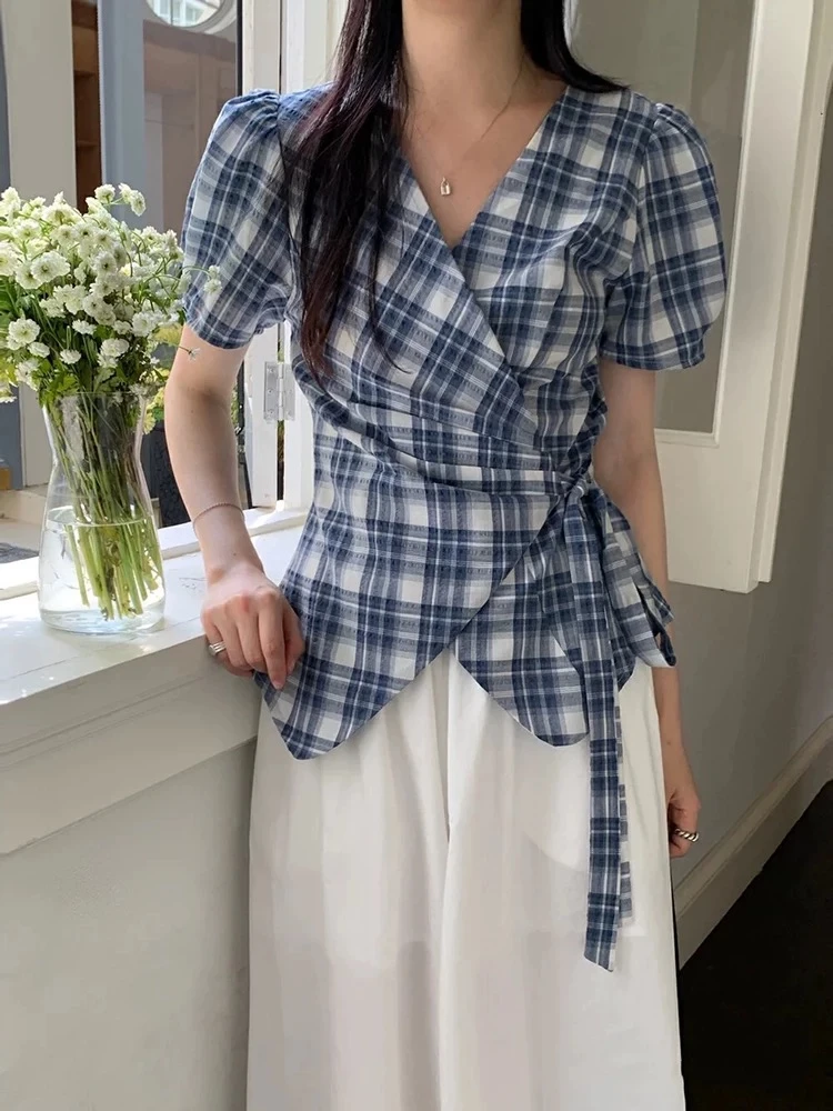 夏季新款女装法式V领短袖格纹衬衫女侧腰系带设计百搭显瘦