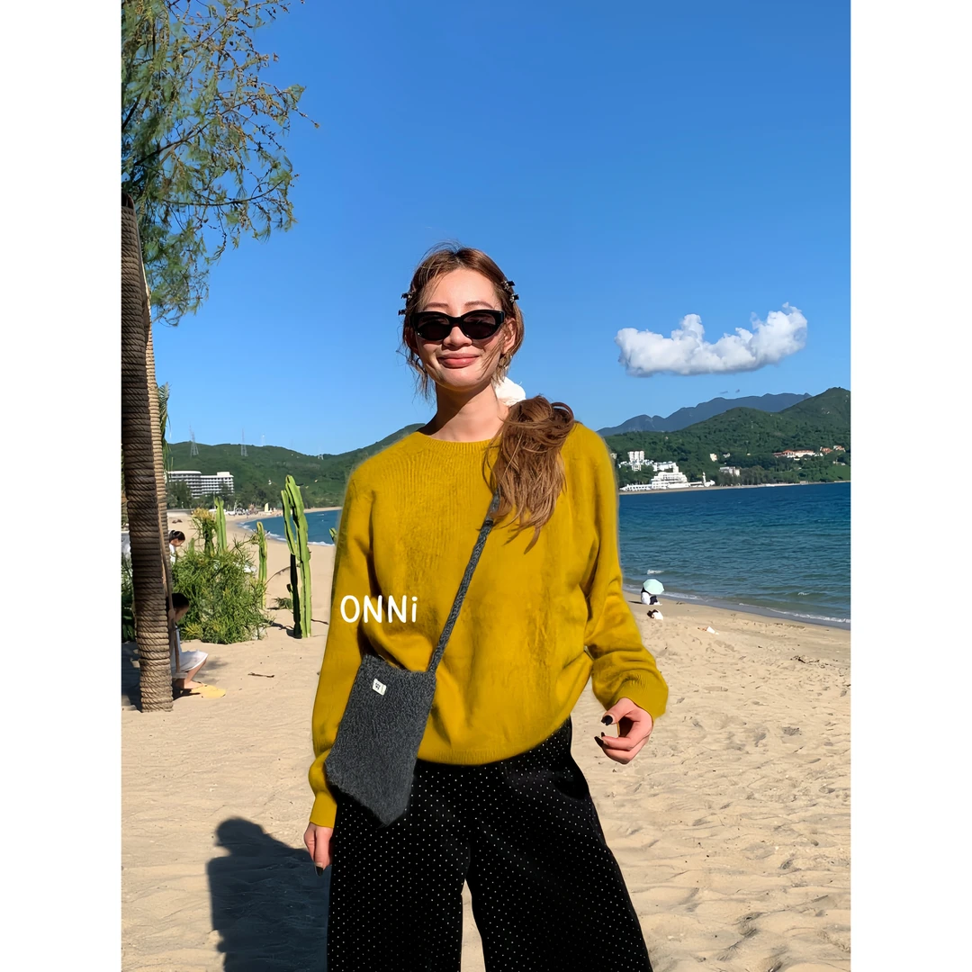 ONNI山羊绒拉毛超柔绒感圆领套头毛衣百搭宽松慵懒无缝一体#5248