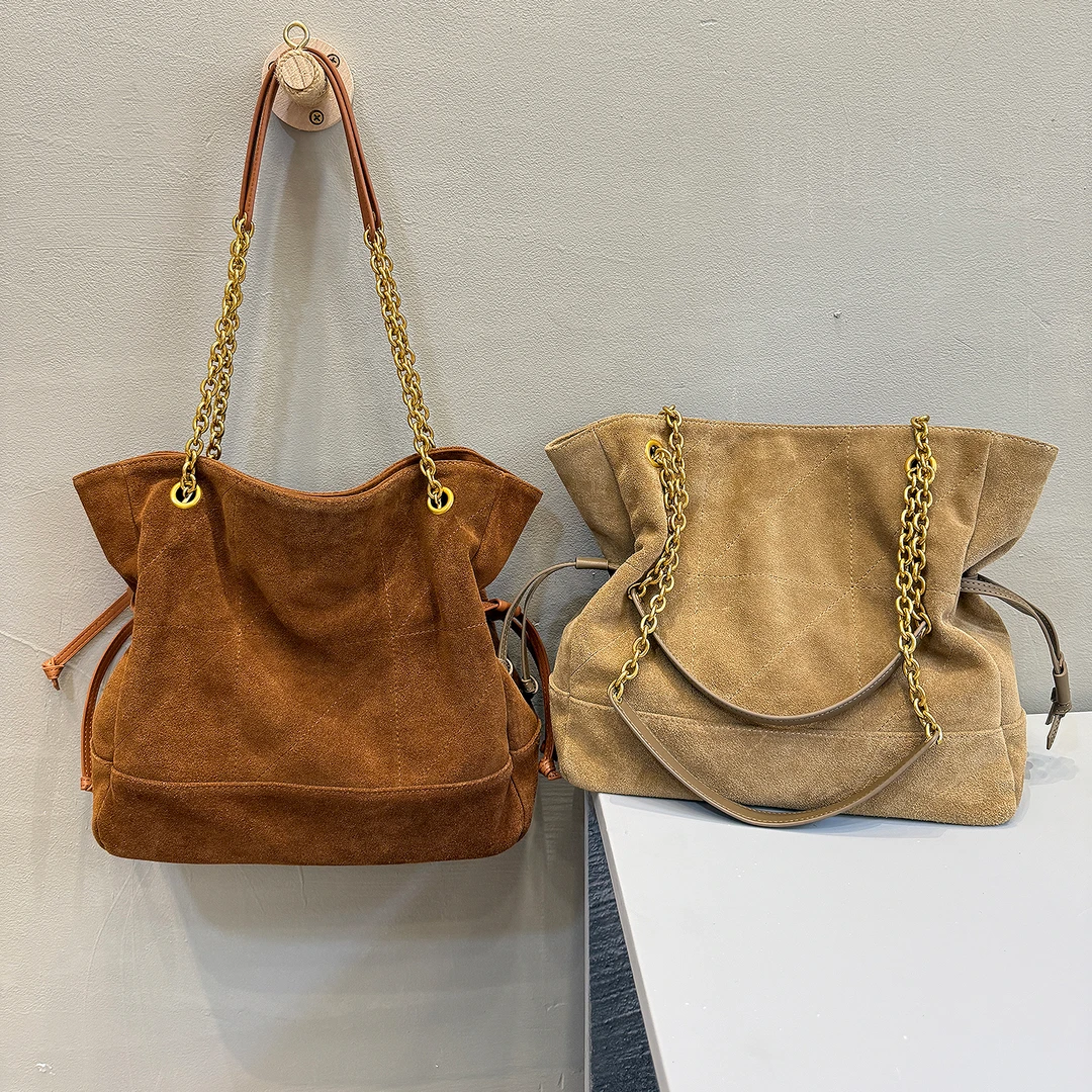 头层磨砂牛皮托特包新款麂皮慵懒风菱格水桶包通勤链条单肩腋下包