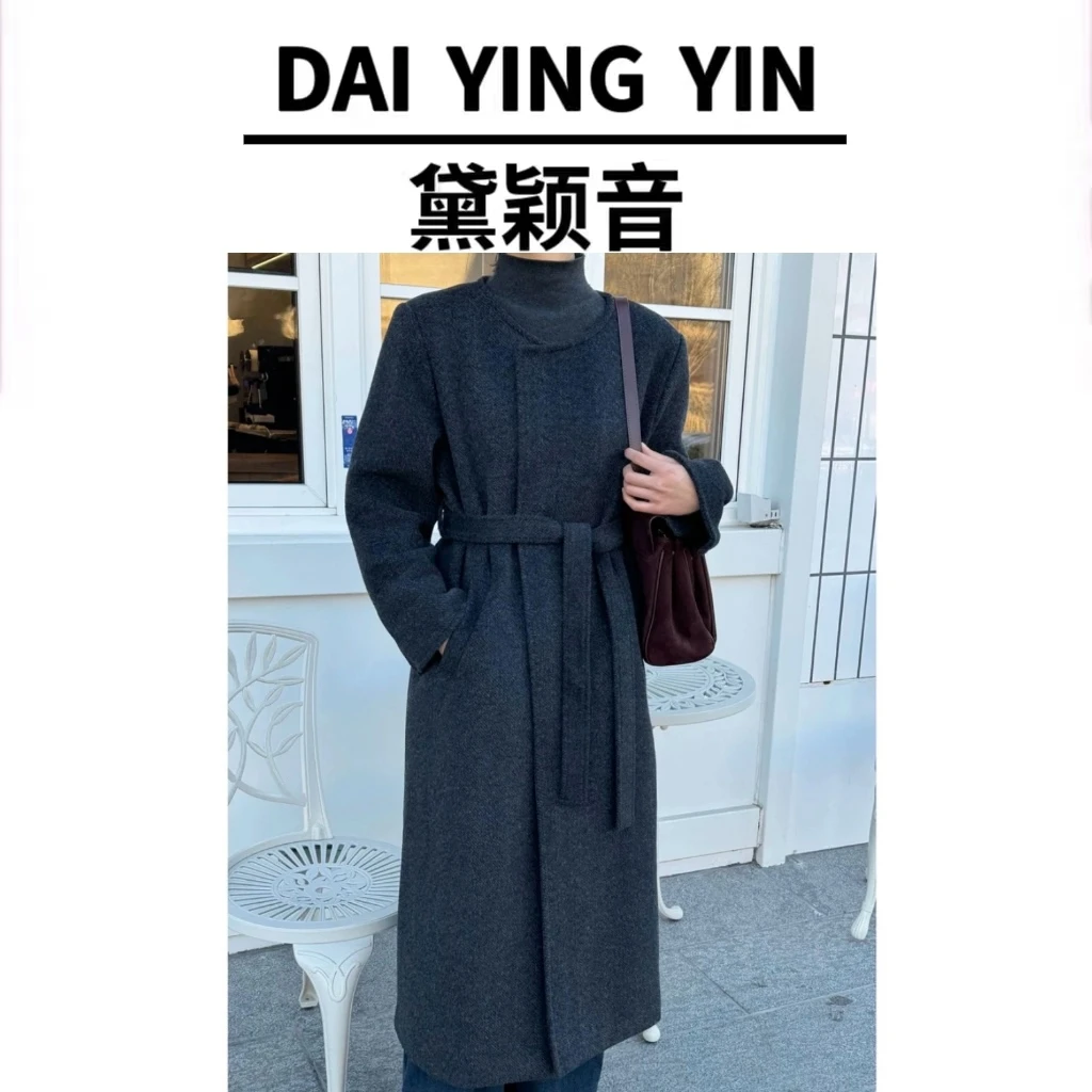 【代莹优选】2502-1气质复古高端设计感小众系带呢子长款外套