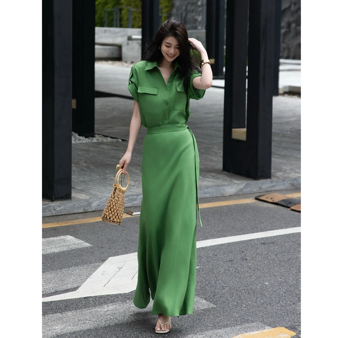 一整套时尚老钱风穿搭套装夏季纯亚麻衬衣中长款半身裙气质两件套