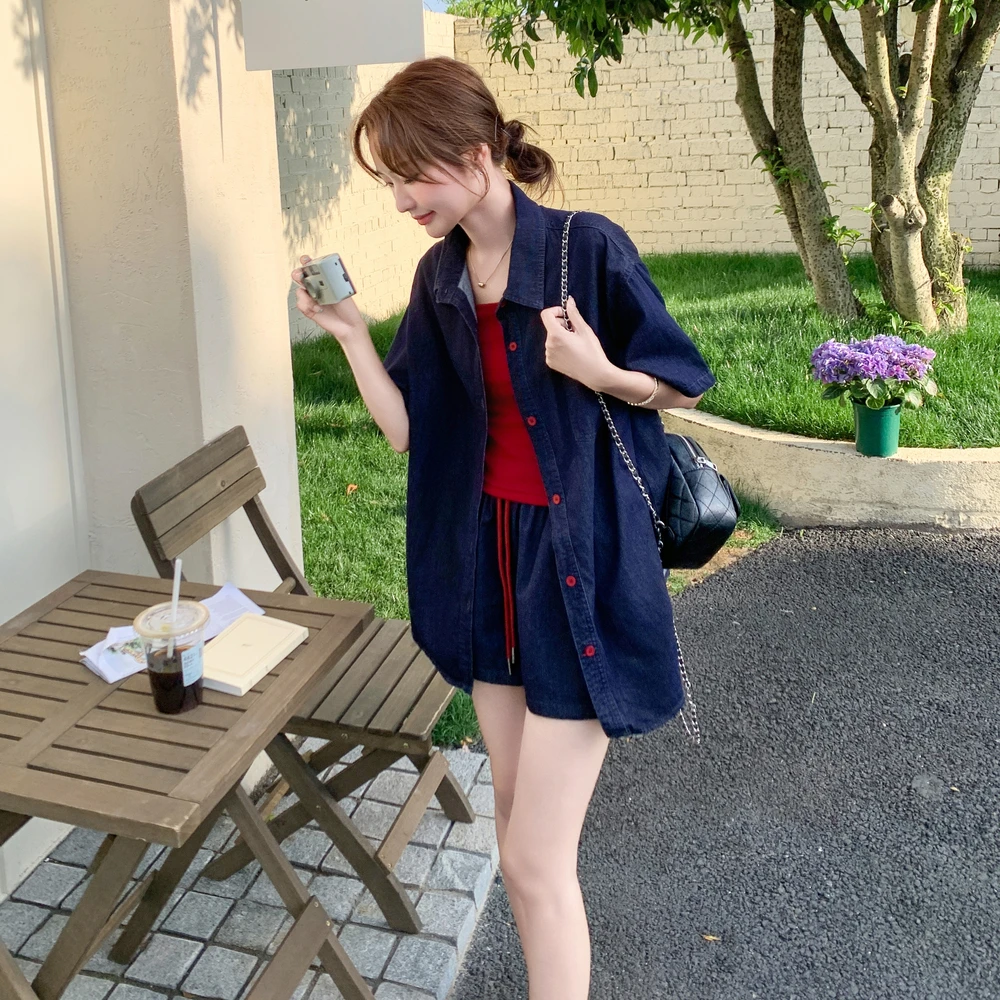 时尚复古牛仔套装女夏2025新款韩版小个子休闲衬衫吊带短裤三件套
