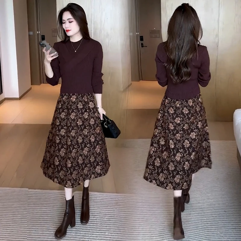 时尚洋气针织长袖连衣裙女秋季新款中长款显瘦假两件配大衣打底裙