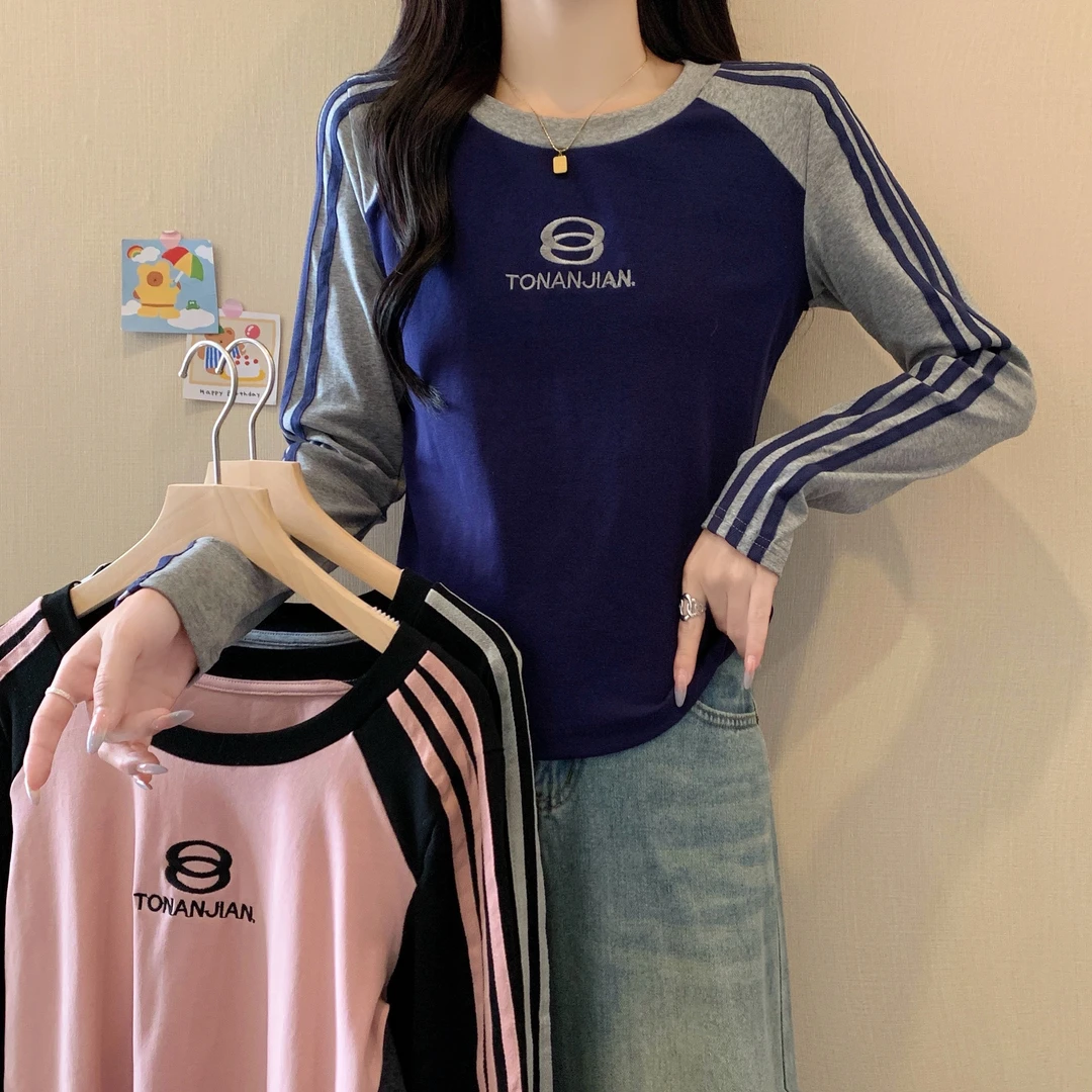 【wy】2025大码女装春季新款美式拼色刺绣T恤上衣3078长袖