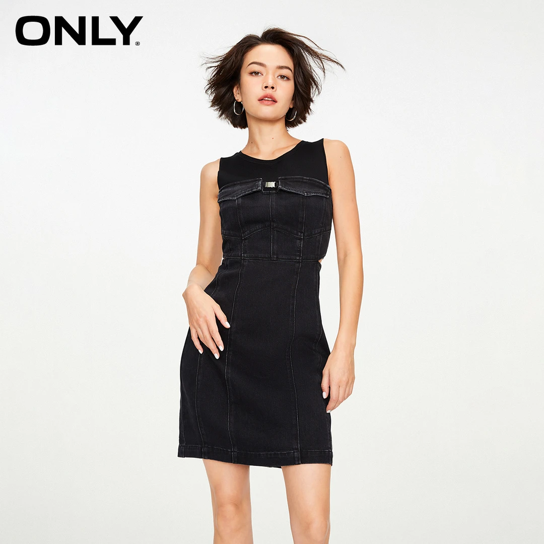【金拐子专属】ONLY高腰A字牛仔拼接假两件显瘦连衣裙女|123242078