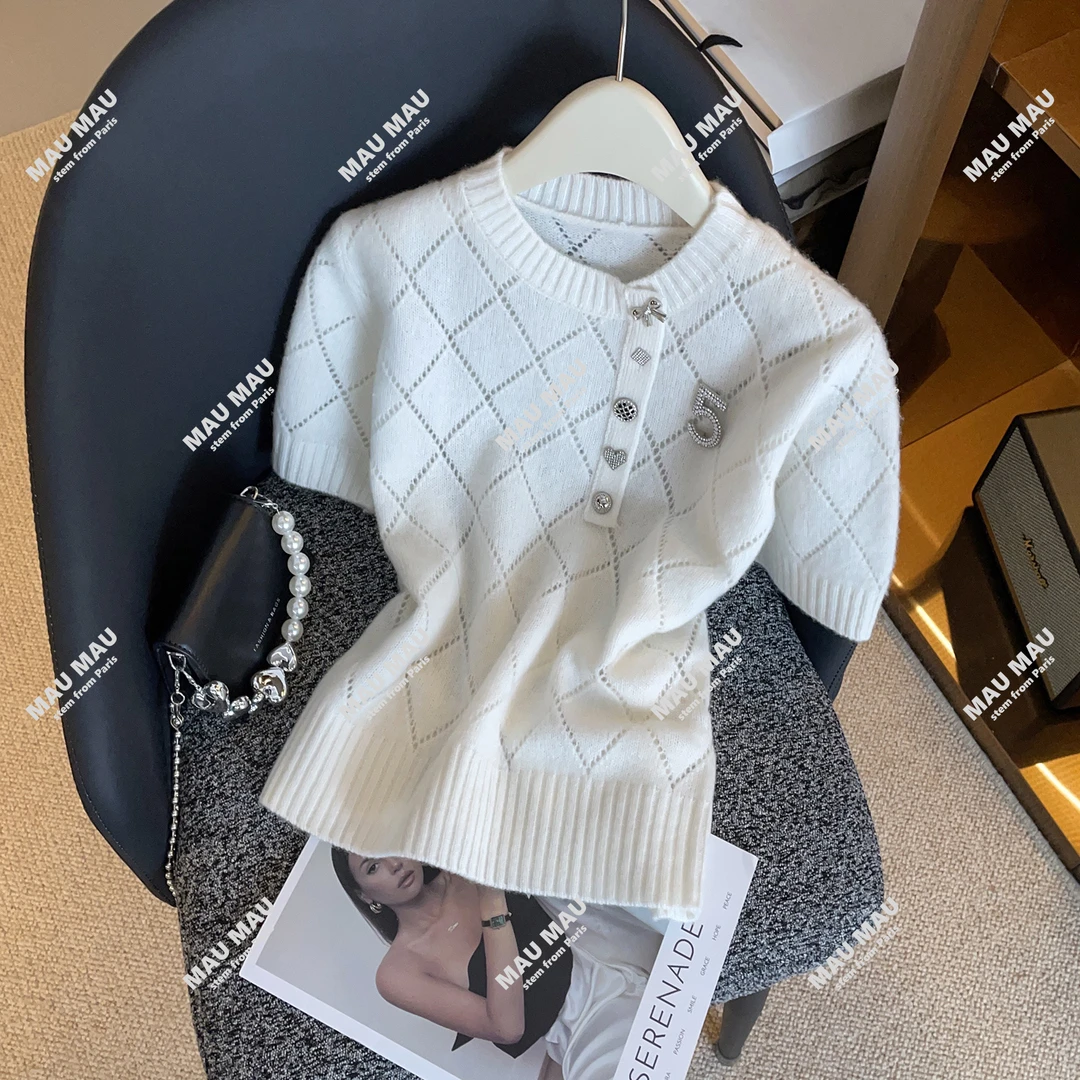 轻奢高端女装25秋季新款重工镶钻菱形格镂空针织衫T恤上衣DY8541