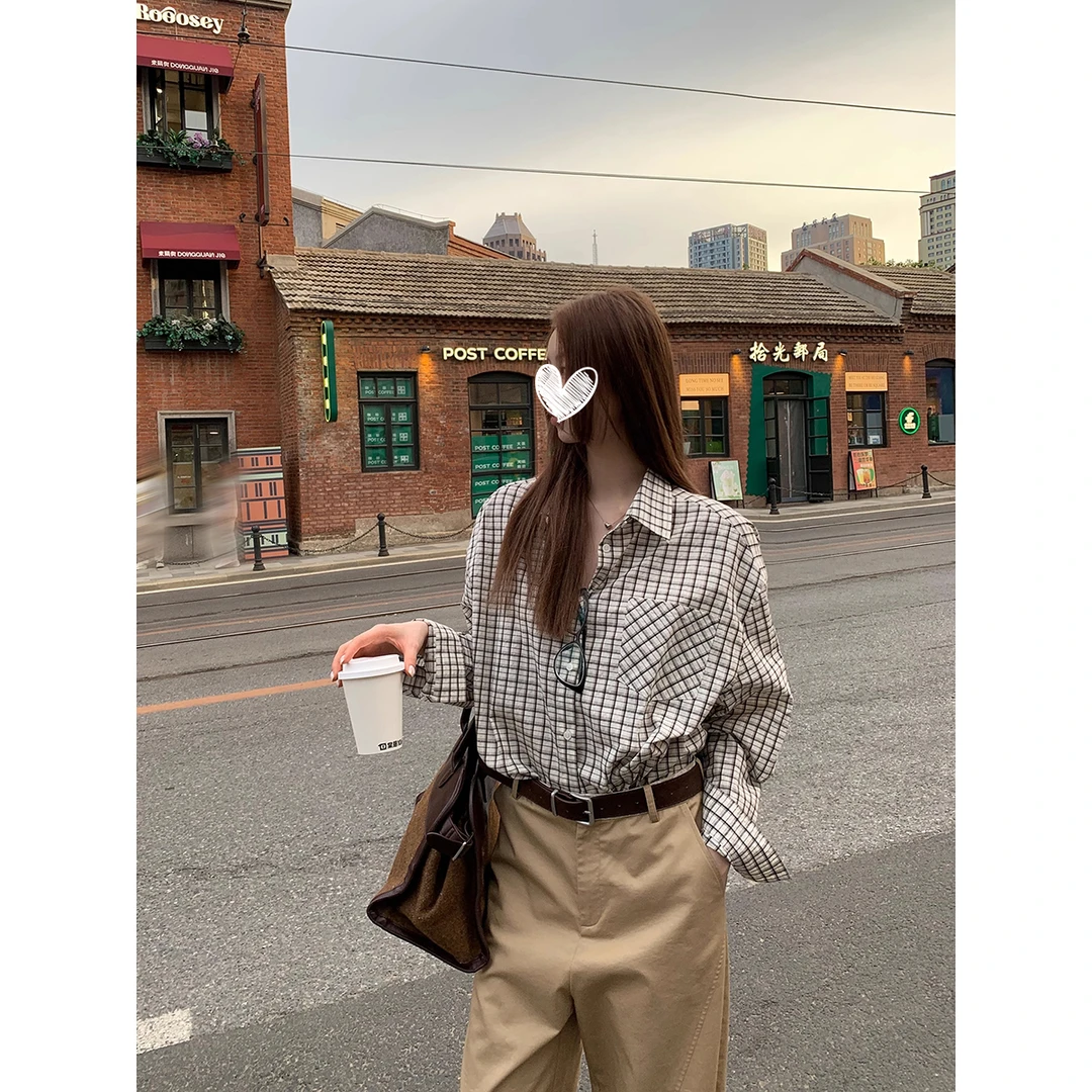 复古格子衬衫女秋季新款高级感chic别致上衣法式宽松衬衣女6815#