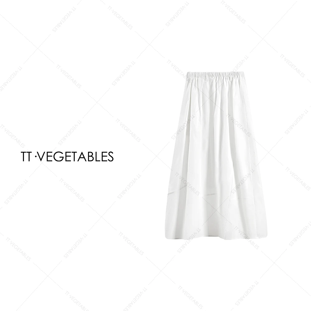 TT・VEGETABLES【序白】望海 白色松紧腰优雅气质百搭时尚半裙511556