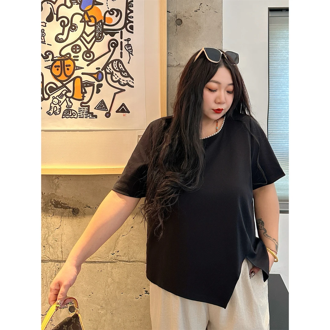 薄暮织雾 / 设计感侧开叉短袖T恤14002花契大码200斤胖mm夏季减龄