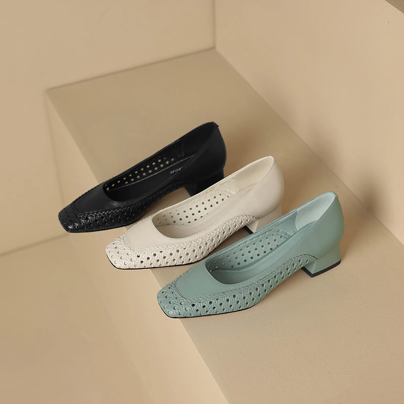 牛皮5.5公分/真皮方头舒适中跟浅口单鞋镂空编织粗跟软底通勤女鞋