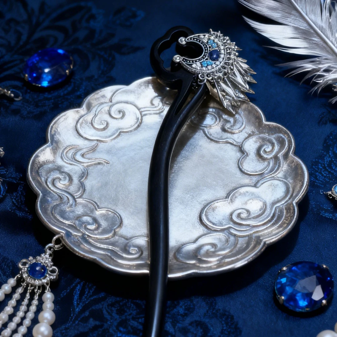 古风月牙流苏盘发发簪女汉服旗袍头饰木质发钗气质高级感檀木簪子