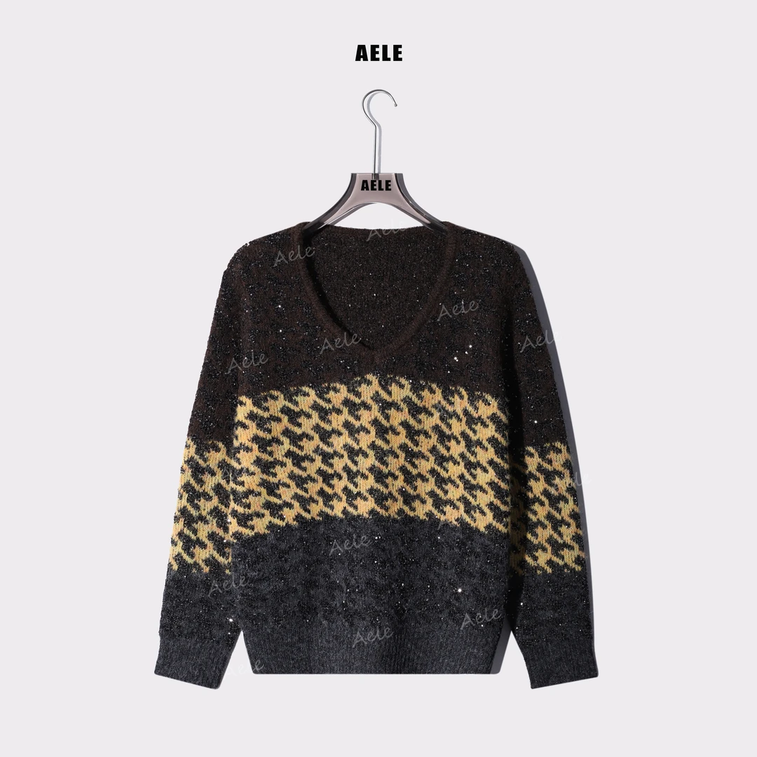 AELE宽松圆领长袖拼色花纹亮片套头针织衫毛衣 X853 3175 AD