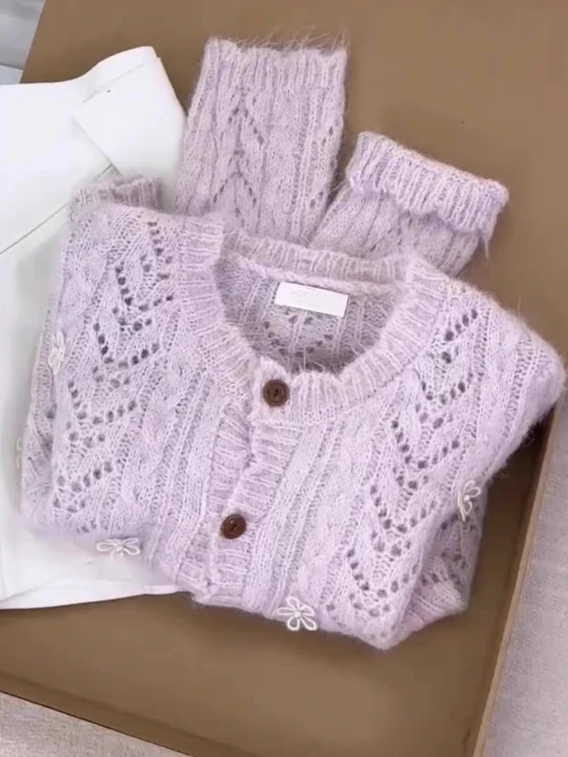 法式优雅绝美浅紫色镂空长袖毛衣针织衫女秋季新款高级感外套上衣