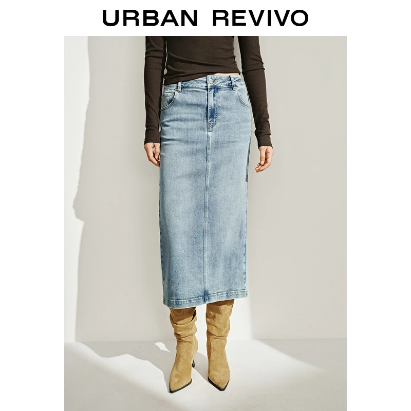 UR2025春季新品女装欧若风复古时髦休闲后开衩牛仔半裙UWM850054