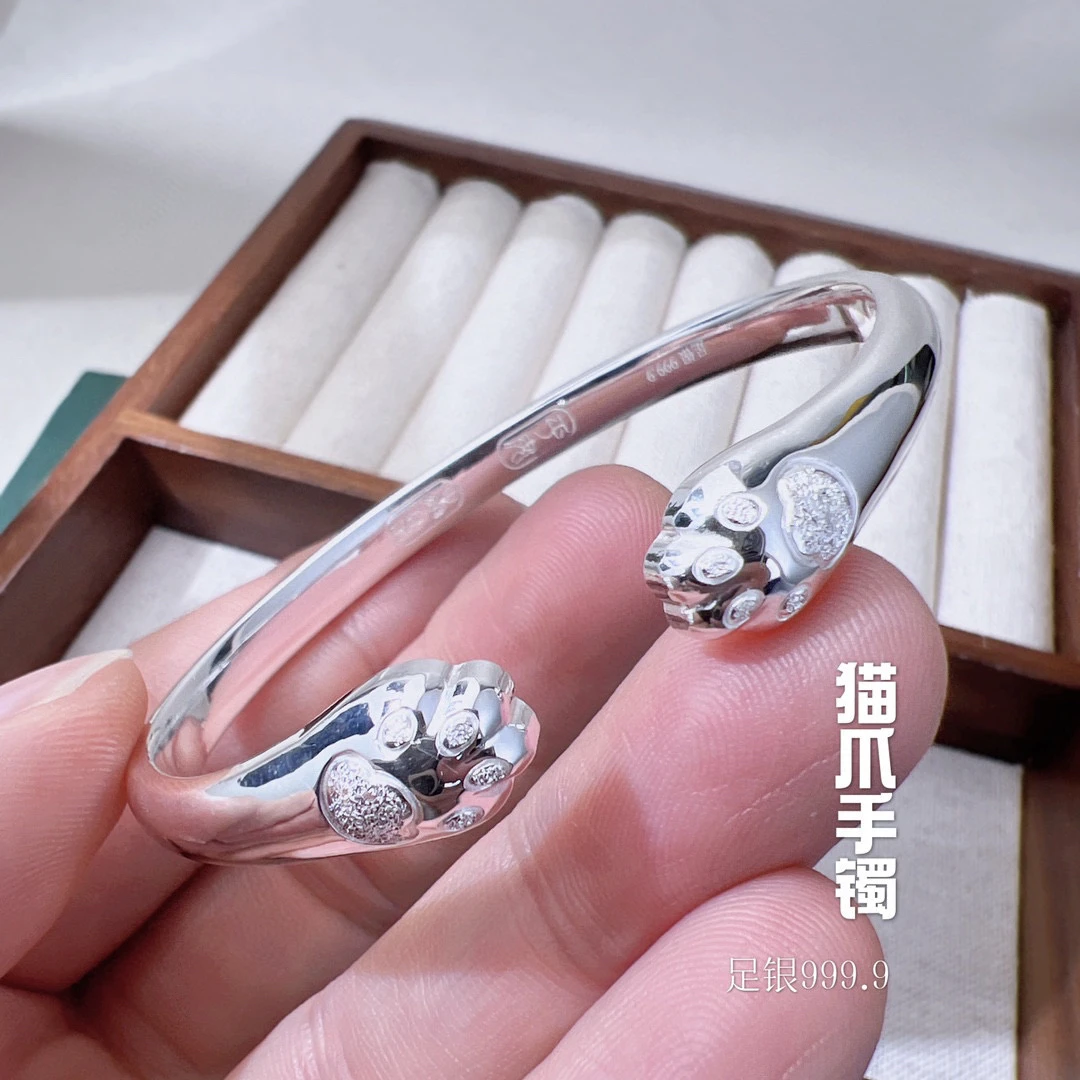 足银手镯 银大福足银9999古法亮面猫爪银手镯时尚开口招财猫镯子