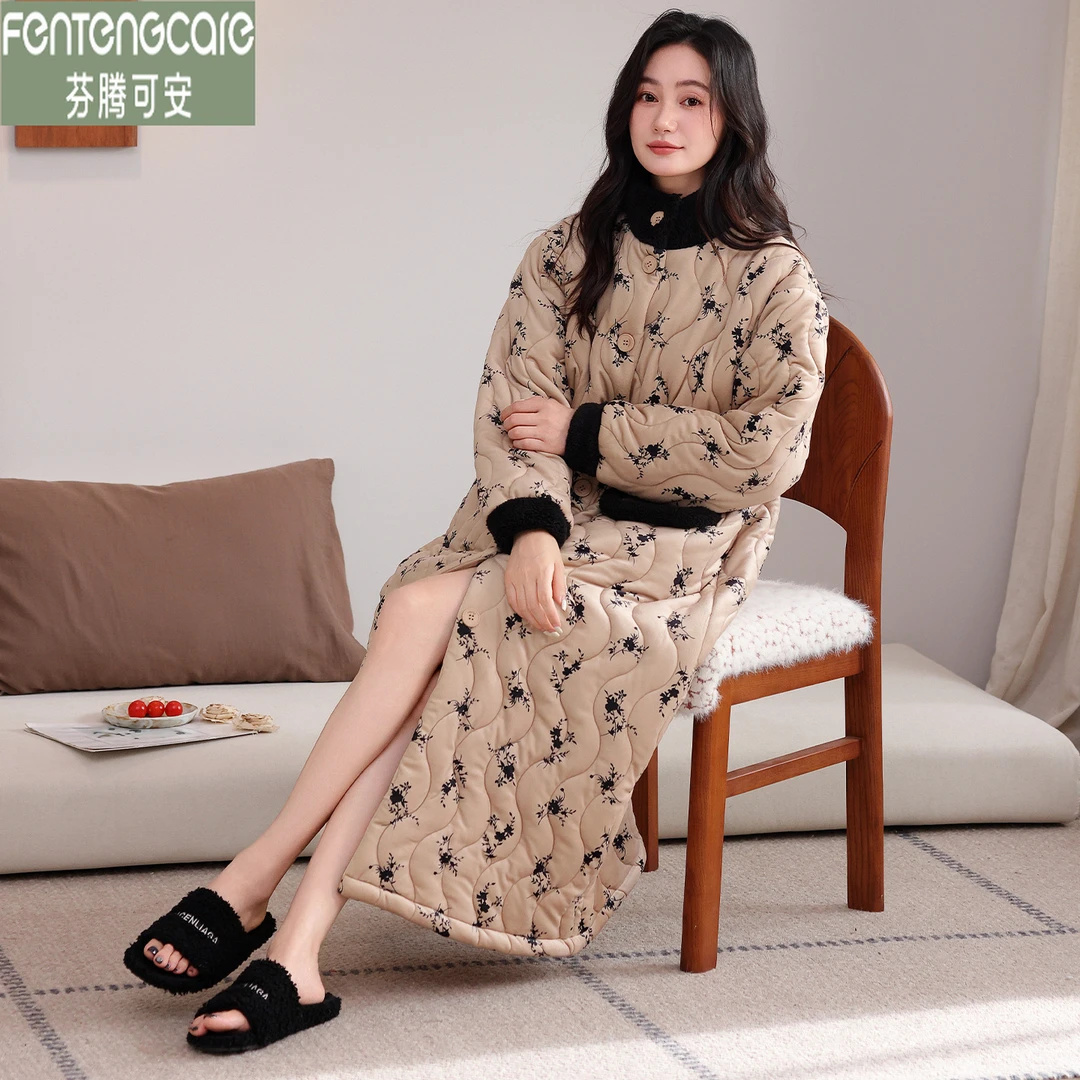 芬腾可安睡袍女士秋冬季绒款三层夹棉加厚保暖长袖女宽松时尚睡衣