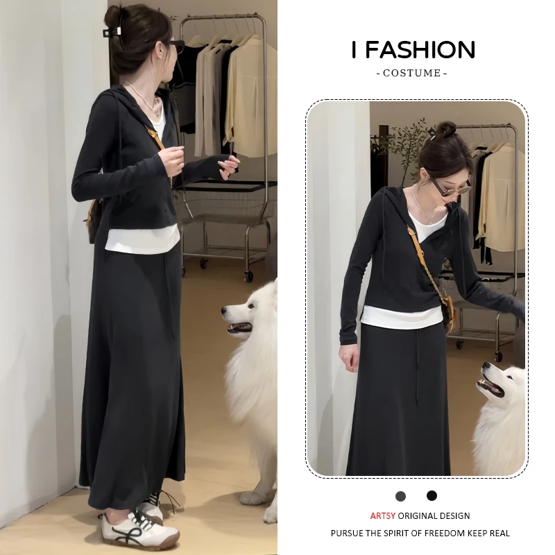 韩系时尚撞色套装女2025年春秋新款减龄气质连帽上衣半身裙两件套