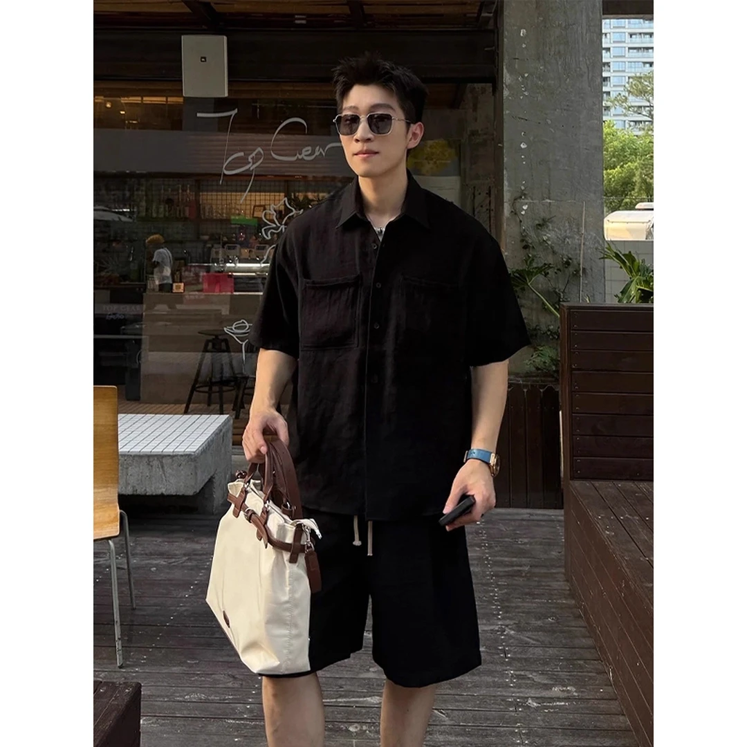 老钱风白色亚麻套装男夏季沉熟稳重穿搭一整套莱赛尔短袖衬衫短裤