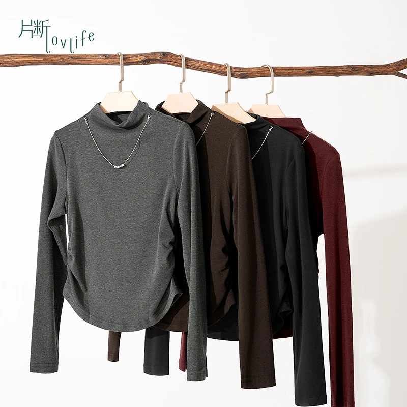 片断t恤女新款高领长袖抽褶设计感气质修身内搭打底上衣