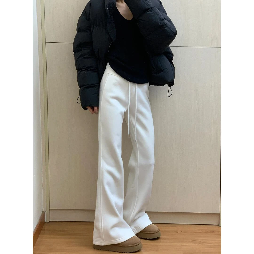 白色加绒加厚微喇高腰休闲裤女冬季显瘦气质休闲百搭直筒保暖长裤