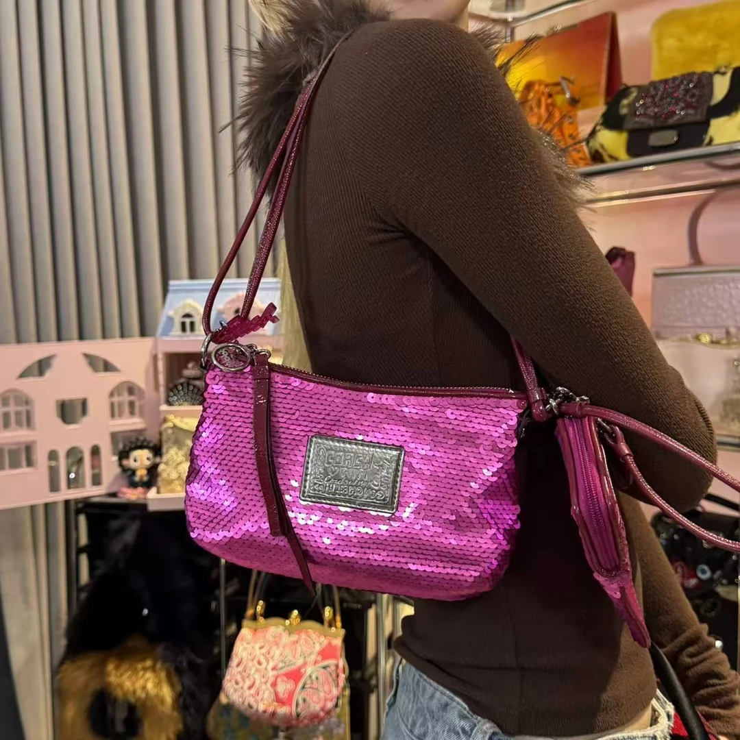 99新 COACH/蔻驰 辣辣/超美玫粉亮片带子包单肩斜挎包