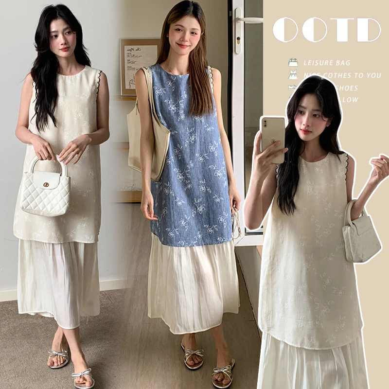 甜心孕妇装夏季新款设计感印花拼接无袖背心宽松显瘦假两件长裙