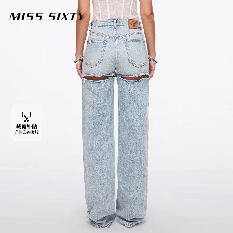 【天使系列】Miss Sixty2025夏季新款牛仔裤女破洞毛须边直筒裤
