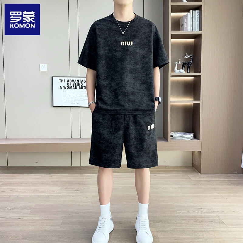 罗蒙2025夏季新款冰丝短袖T恤短裤套装男宽松休闲套装潮牌两件套