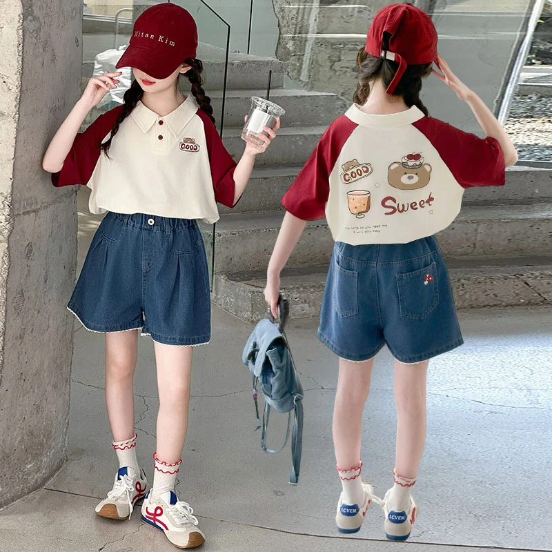 女童牛仔短裤套装2025新款大童夏装韩版儿童polo衫时髦学院风10岁