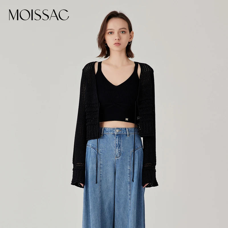 MWEX30603商场同款 摩萨克2025夏喇叭空系带修身V领针织开衫女