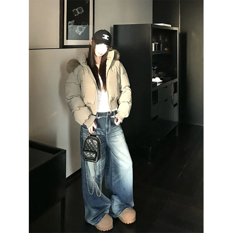 韩系毛领连帽短款棉服女2025秋冬新款气质高级感棉衣收腰显瘦外套