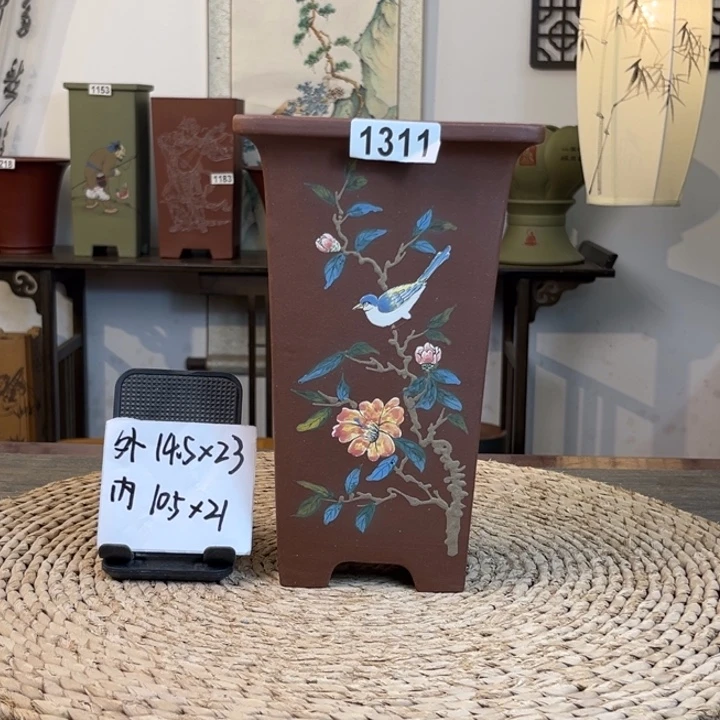 紫砂花盆 放漏新品紫泥彩绘四方签筒1311