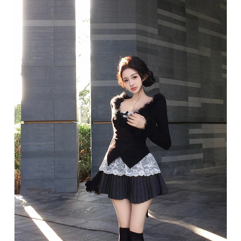 黑色拼接毛毛长袖开衫蕾丝吊带女冬季纯欲风套装百褶半身裙三件套