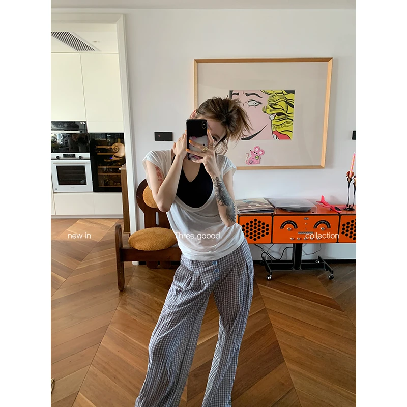 THREE GOOOD/三吉薄荷棉挂脖式撞色假两件坎肩T恤上衣Y725Y06110